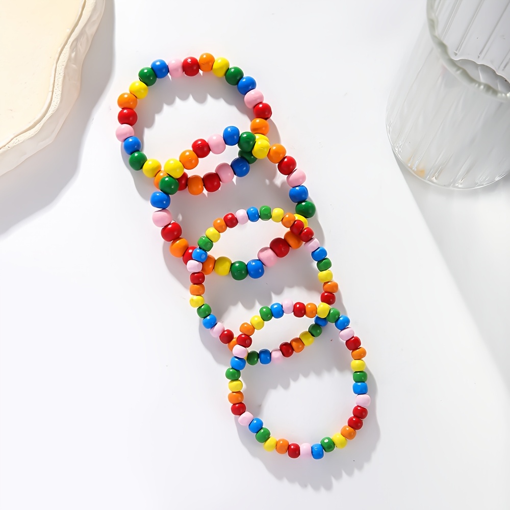 4pcs Rainbow Wooden Bead Bracelet Set Boho Style Layer Stretch Bangle
